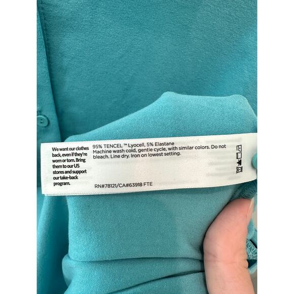 EILEEN FISHER | Aqua Blue Tencel Button Down Shirt Long Sleeve Soft Stretch | XS - Picture 6 of 6